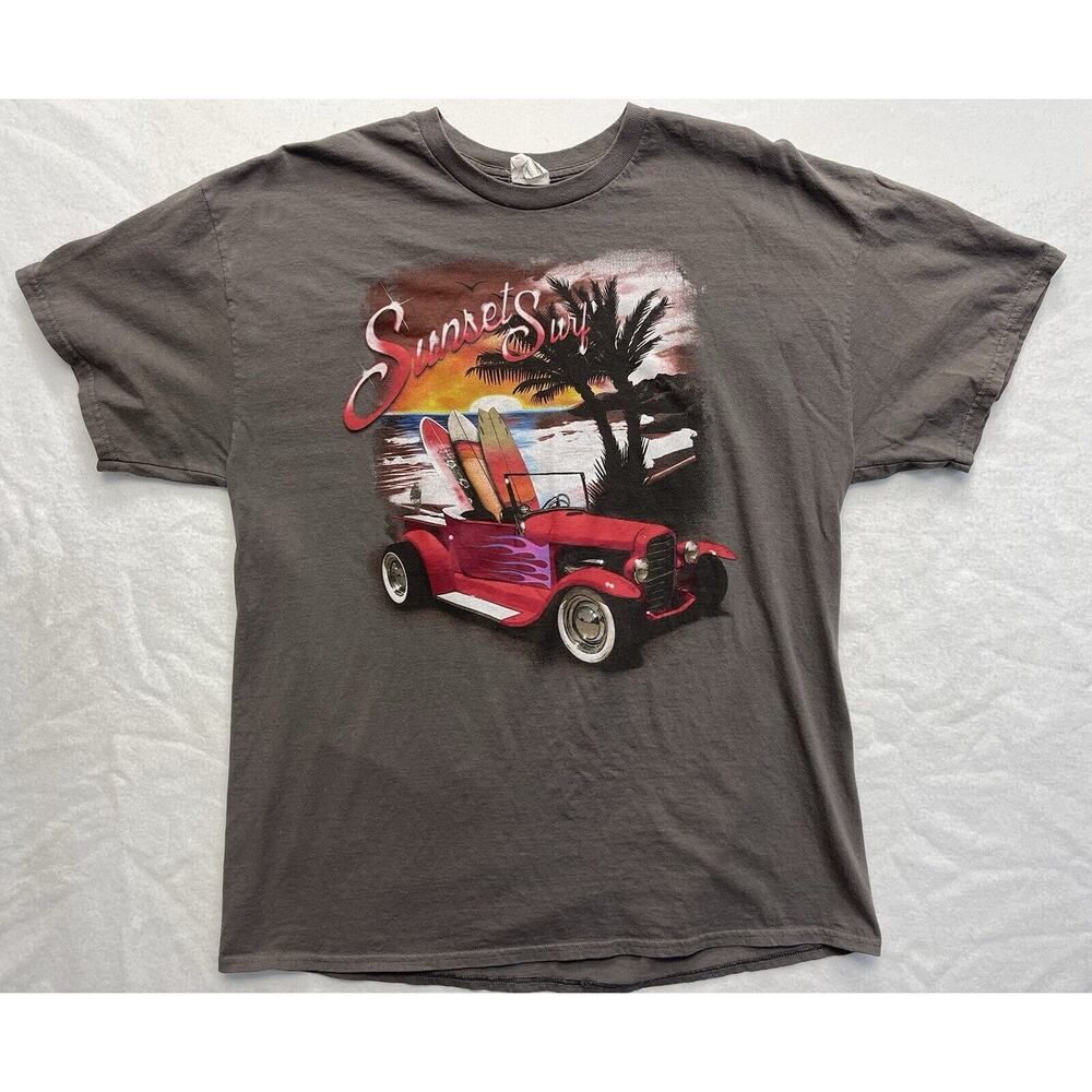 Sunset Surf Graphic T Shirt Waves Palm Trees Surf Boards Hot Rod Gilden Tag  XL